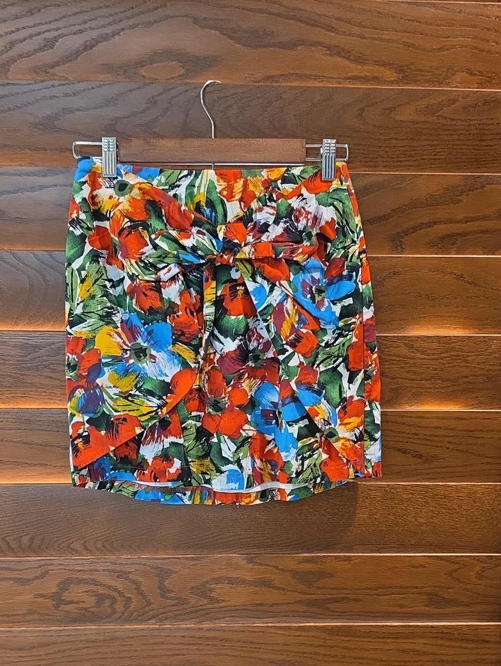Lush Vibrant Floral Tie-Front Mini Skirt in Red, Blue, Green